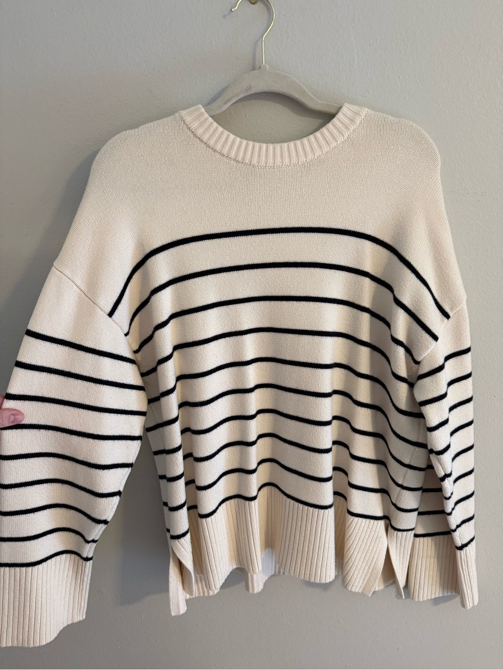 ZARA Cream and Black Striped Crewneck Sweater